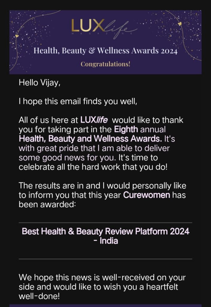 Curewomen has been awarded: Best Health and Beauty Review Platform 2024