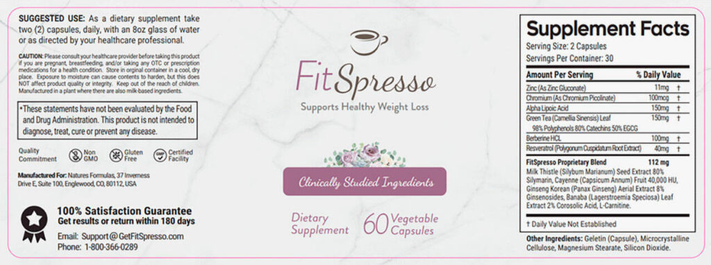 FitSpresso Weight Loss Coffee Pill Supplement Facts 