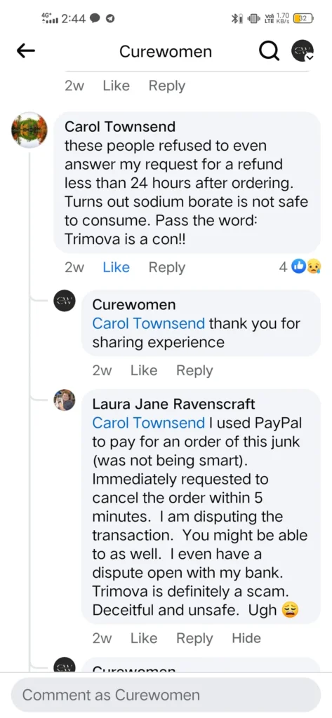 Screenshot of curewomen Facebook page reels comment section 